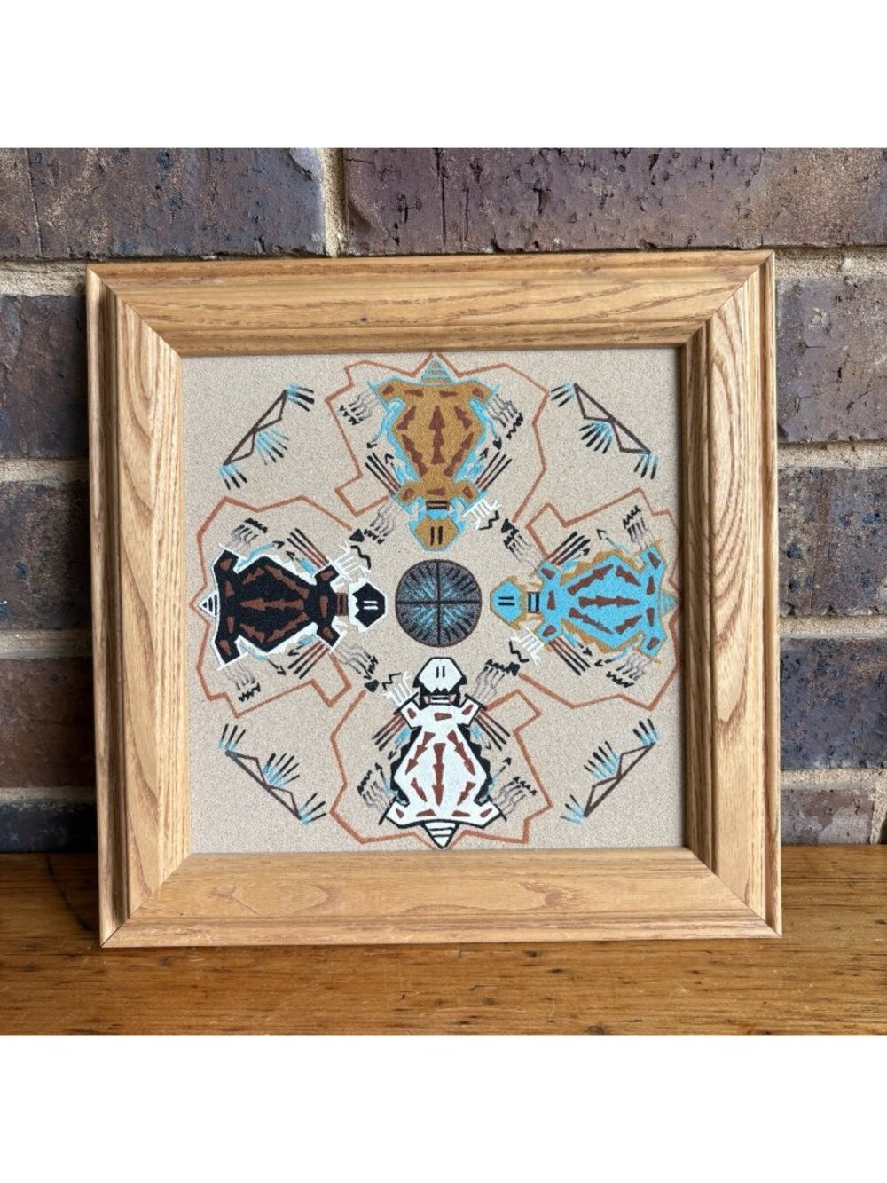 Native American Navajo Sand Painting Horned Lizards Wood Frame 8x8 inch